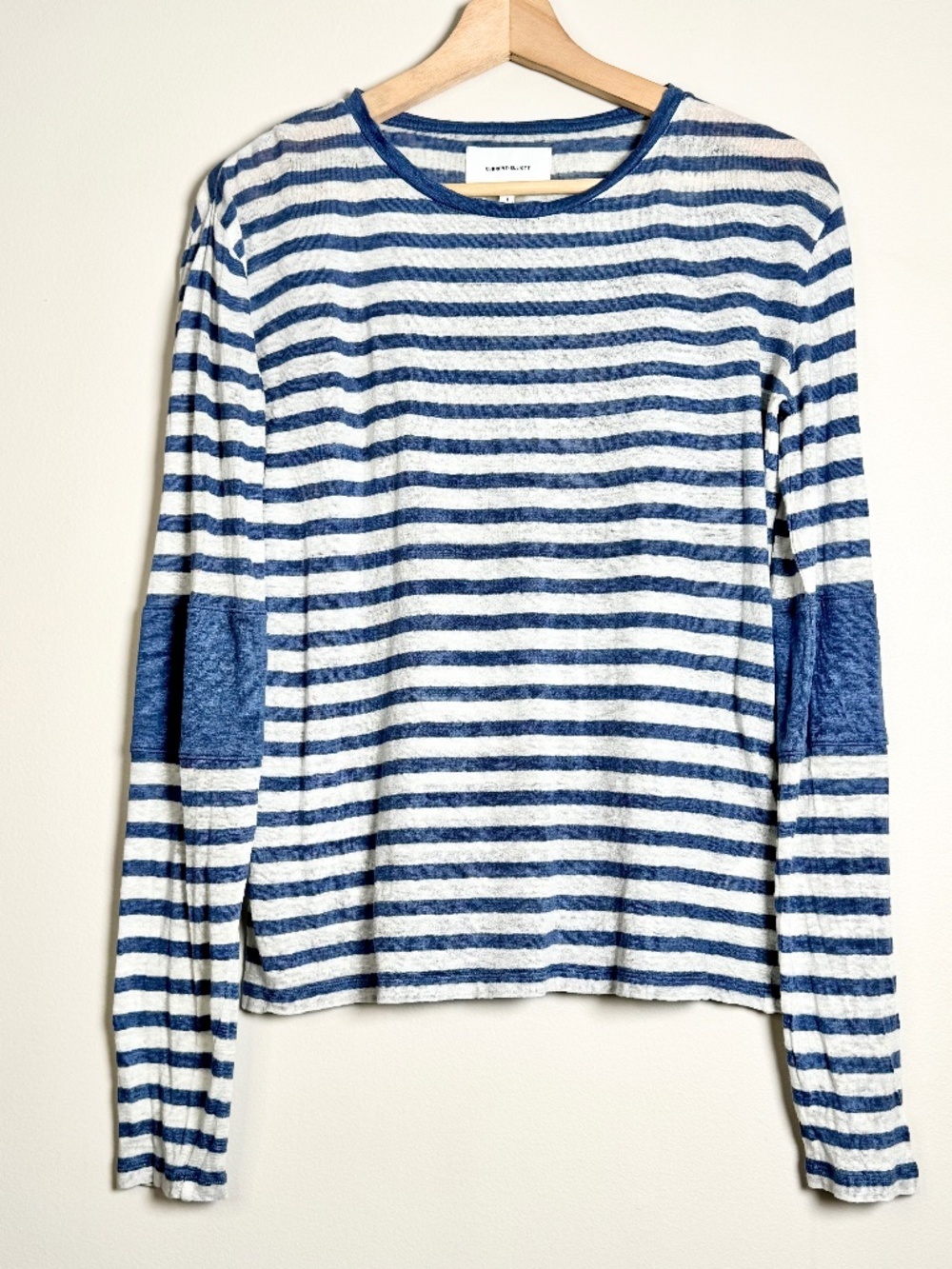 Current/Elliott The Hallan Linen Striped Sleeve Inset Top White Blue Sz Small